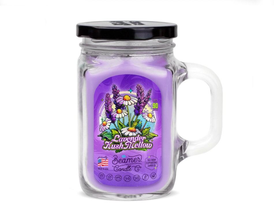 Smoke Killer illatgyertya üvegedényben, füllel és fém kupakkal – Lavender Kush Mellow - nagy